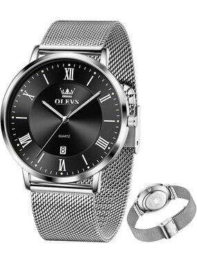 Men's Silver Black Analog Quartz Mesh Strap Luxury Luminous Waterproof Watch